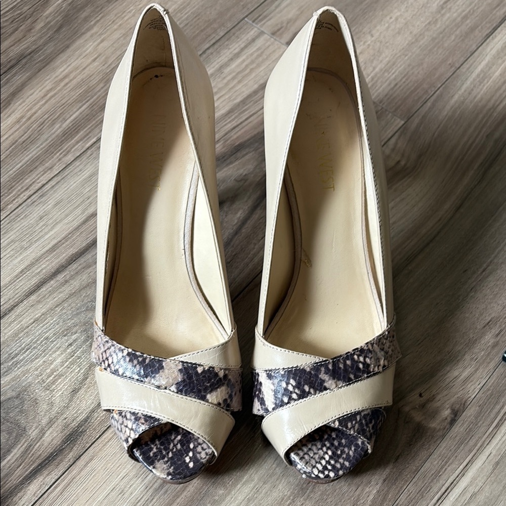 Nine West Cream and Brown Peep-Toe Heels with Bow